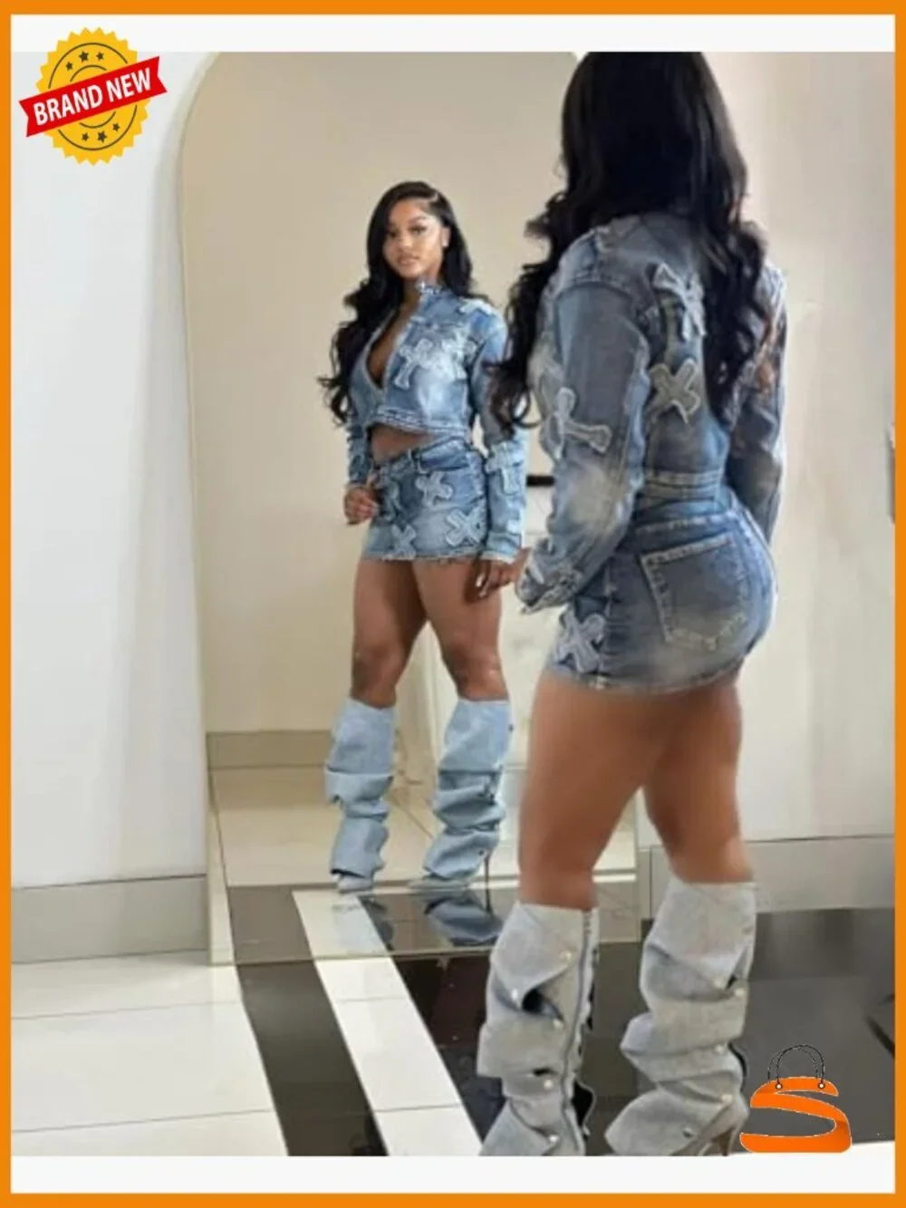 2 Piece Denim Skirt Set Long Sleeve Zip Up Jacket Mini Skirt Bodycon Y2K Outfit
